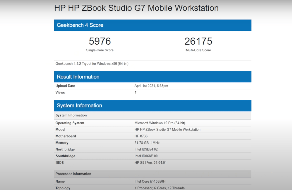 HP ZBook Studio G7 laptop geekbench 4 score