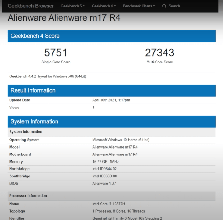 Alienware m17 R4 gaming laptop geekbench 4 score