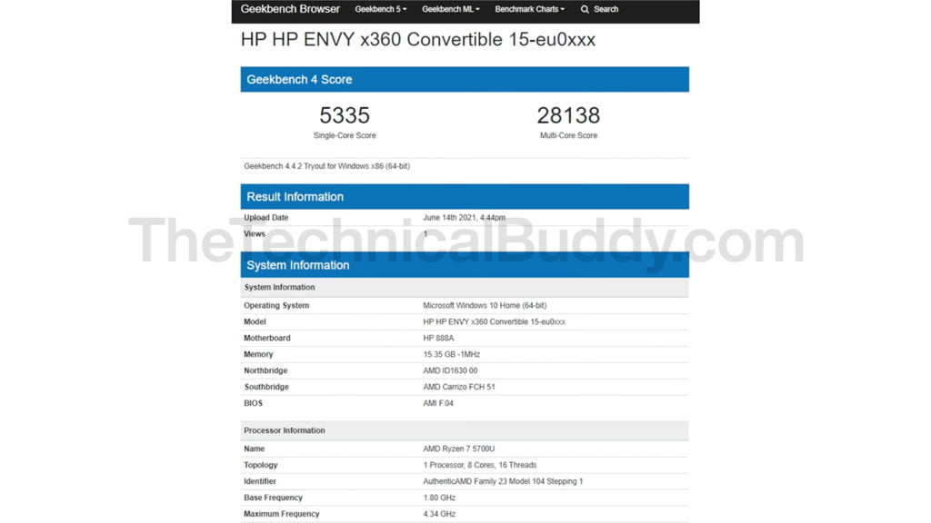 HP Envy x360 15 laptop geekbench 4 benchmark scores