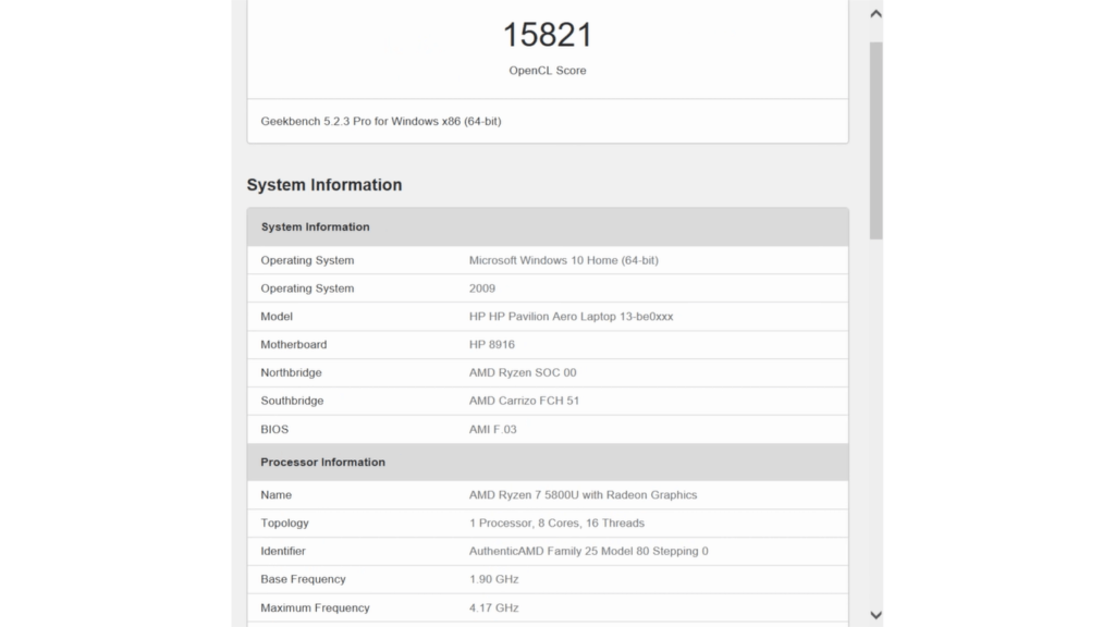 HP Pavilion Aero 13 2021 laptop geekbench opencl benchmark score
