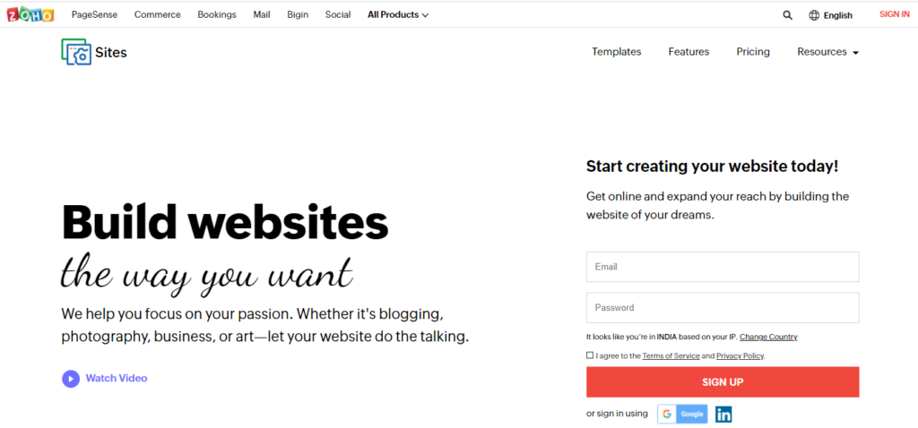 Zoho Sites website builder