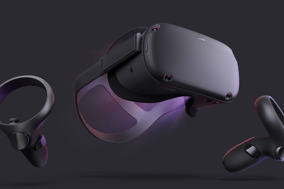 The Oculus Quest and its controllers floating in front of gray background, with purple light coming from the headset