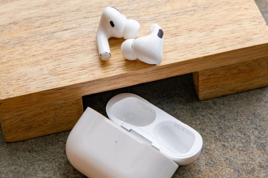 The Apple AirPods Pro earbuds and charging case