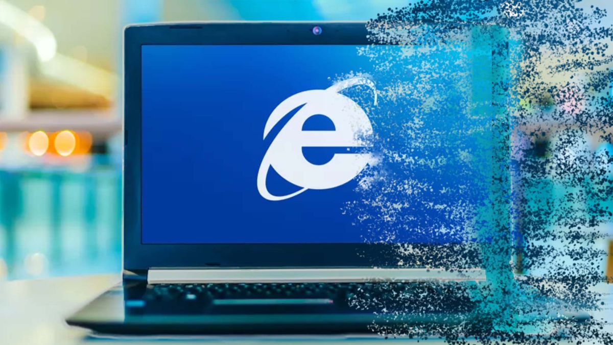 A laptop with the internet explorer logo on the screen disintegrating like in the Avengers