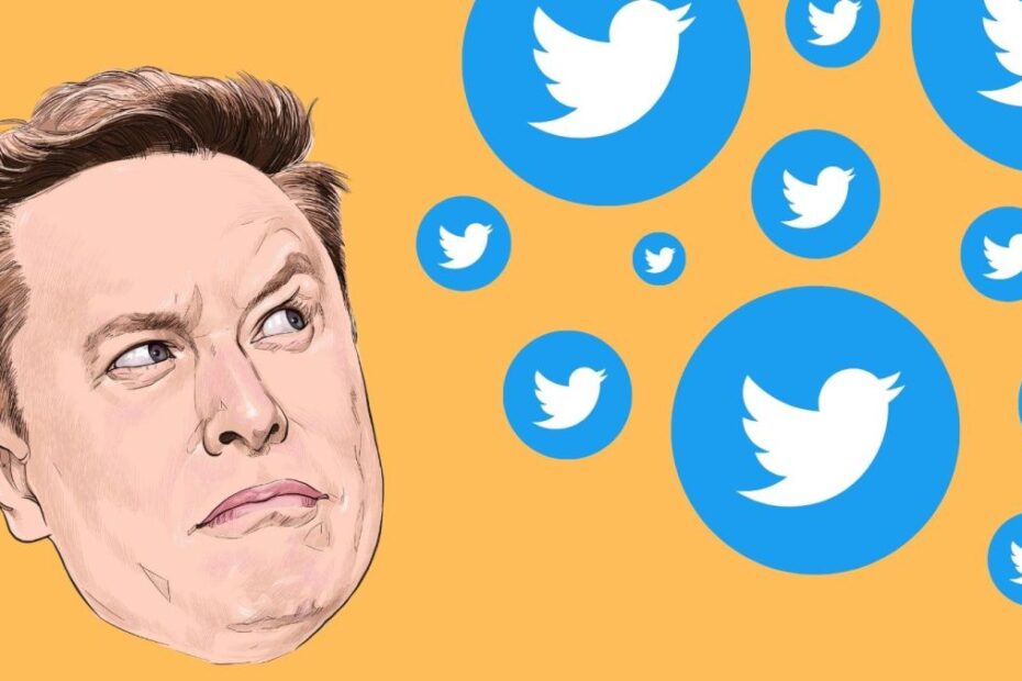 An illustration of Elon Musk drawn by thongyhod looking perplexed at falling Twitter logos