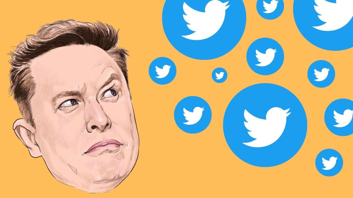 An illustration of Elon Musk drawn by thongyhod looking perplexed at falling Twitter logos
