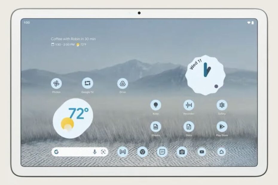 The front of the Google Pixel Tablet showing the home screen