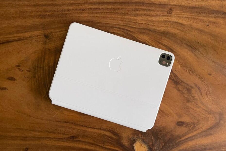 An Apple iPad Pro 11 (2021) from the back, in a case