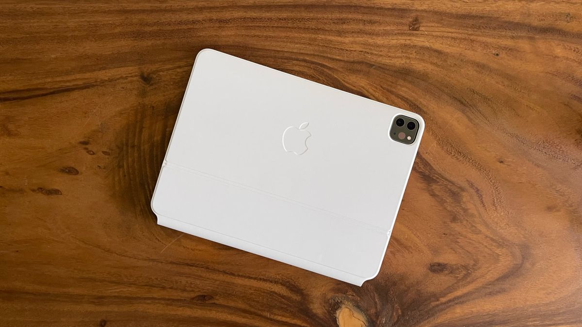 An Apple iPad Pro 11 (2021) from the back, in a case