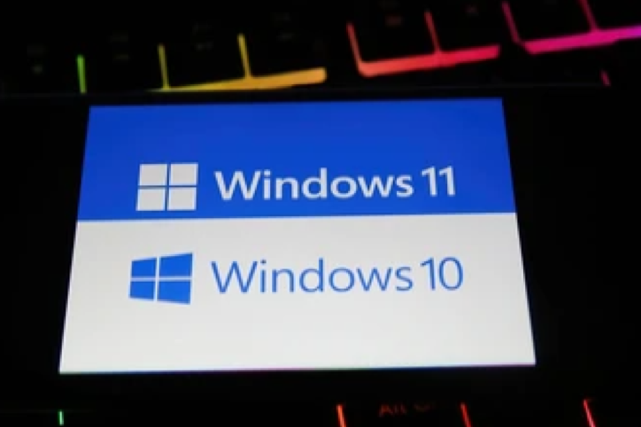 A photo of a screen displaying Windows 10 and Windows 11