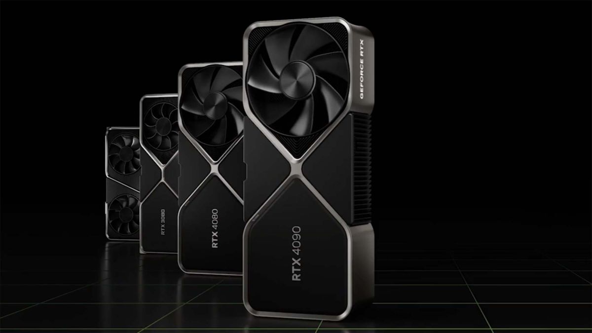 Nvidia GeForce RTX cards lined up in a row