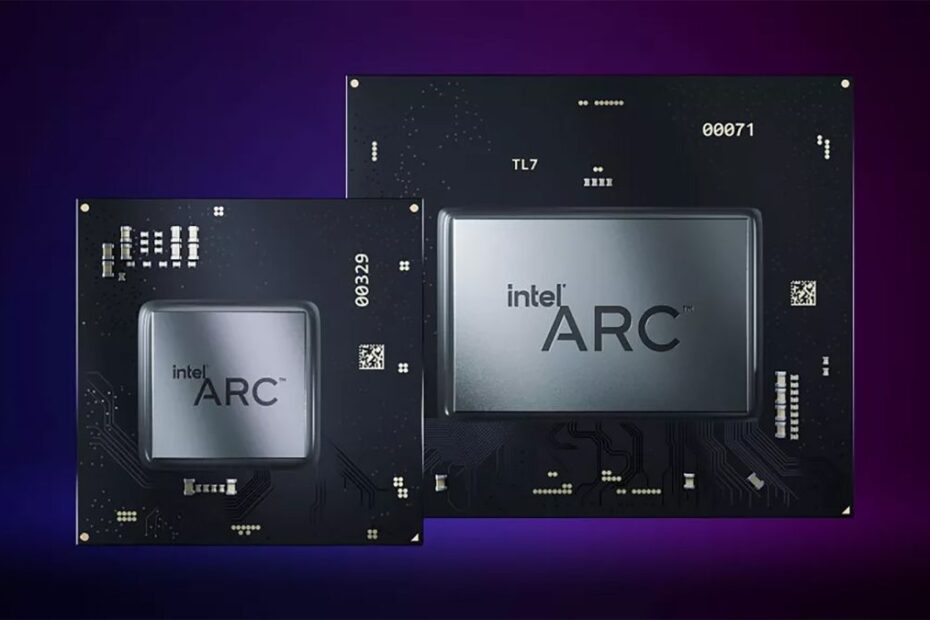 A pair of Intel Arc Alchemist chips in front of a dark purple background