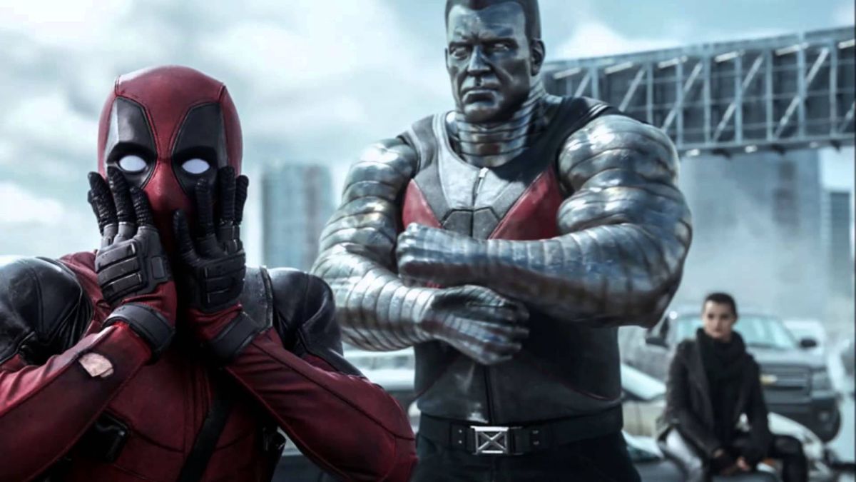 Deadpool gasps at the camera as Colossus watches on in 2018