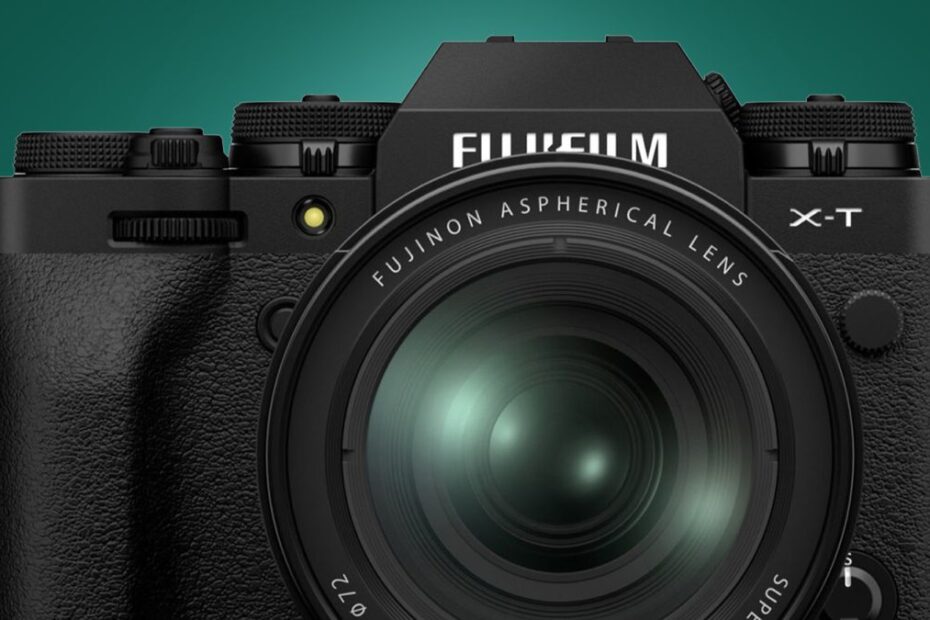 The Fujifilm X-T4 camera on a green background