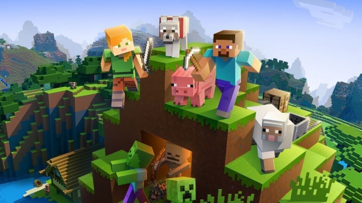 best crossplay games: Minecraft character stand on top of a cave that creepers spill out of