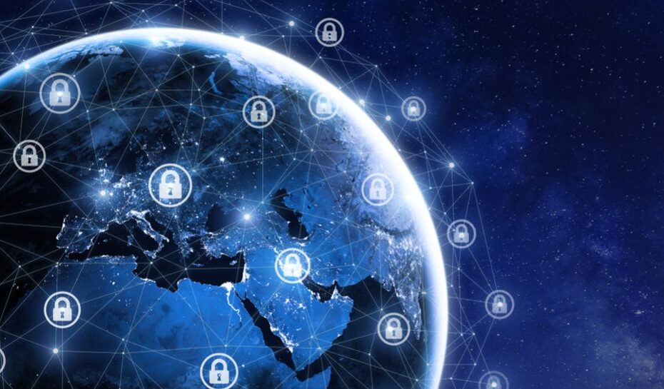 An image of security icons for a network encircling a digital blue earth.