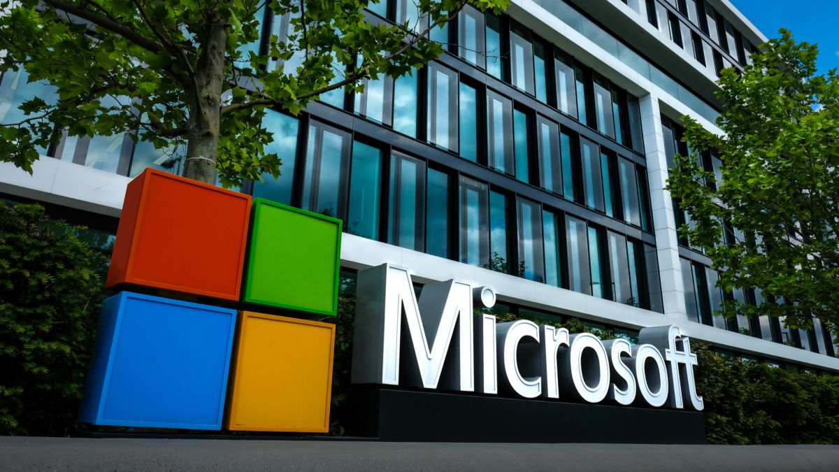 Microsoft logo outside building