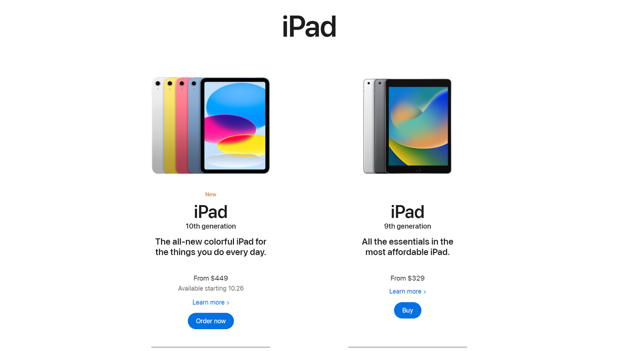 Apple iPad 2022 and Apple iPad 2021 pricing Apple Store