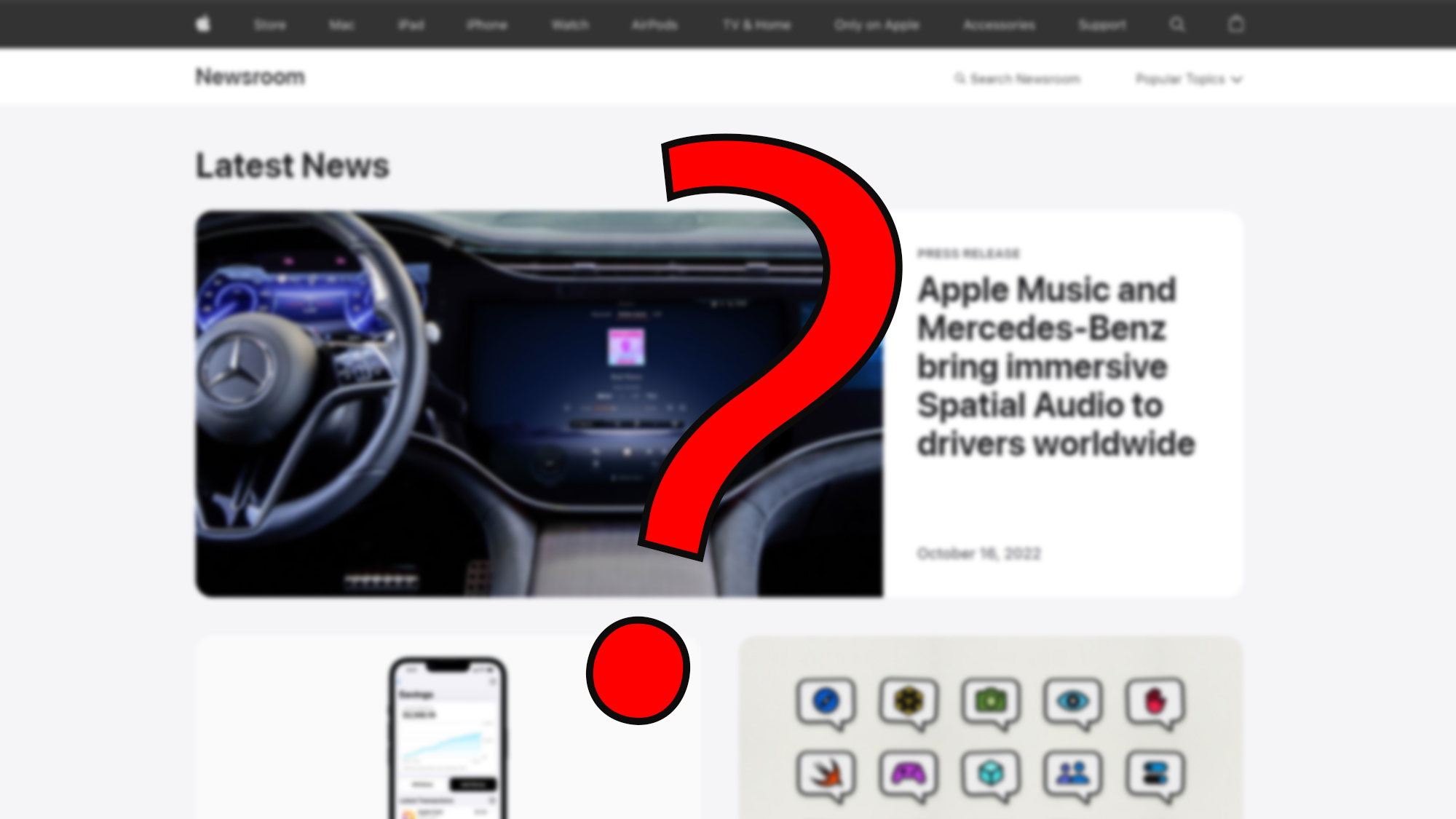 A blurred view of the Apple Newsroom webpage partially obscured by a red question mark
