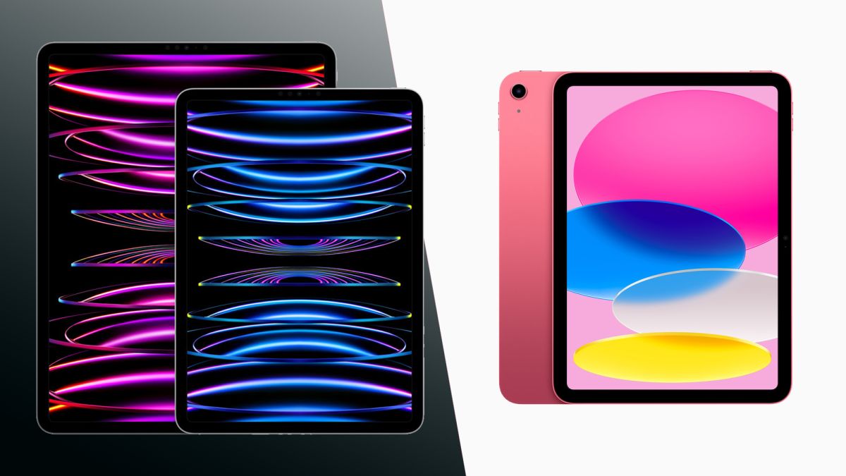The iPad Pro 2022 next to the iPad 2022 on a split background