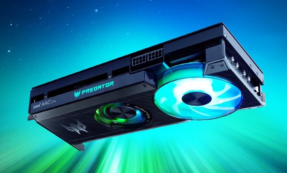 Acer Predator BiFrost Arc A770 GPU, pictured against a bright blue and green background.