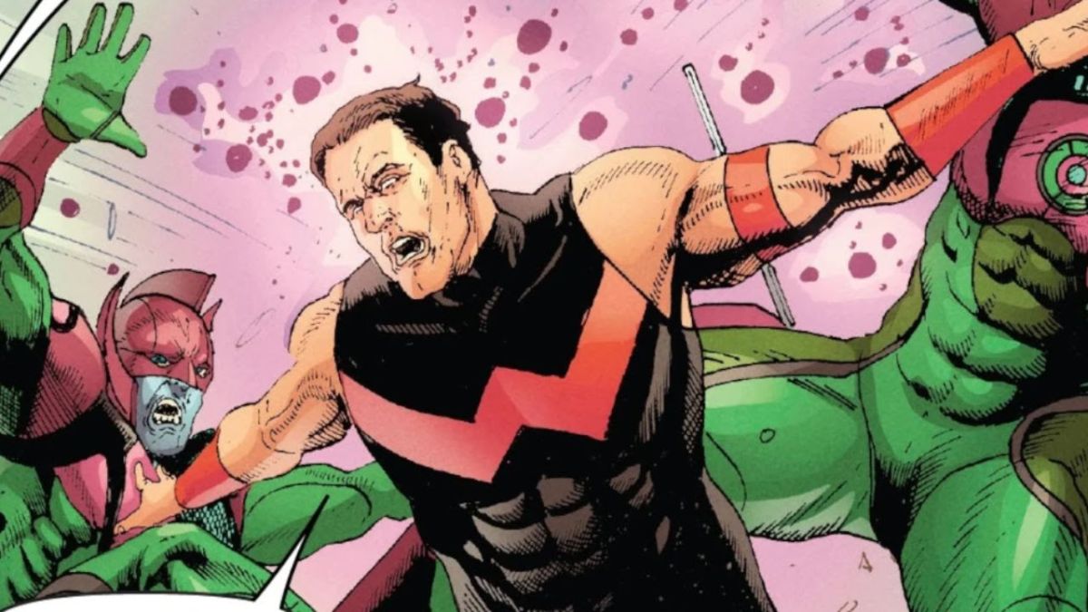 A screenshot of Wonder Man punching two enemies in one of his Marvel comic book appearances