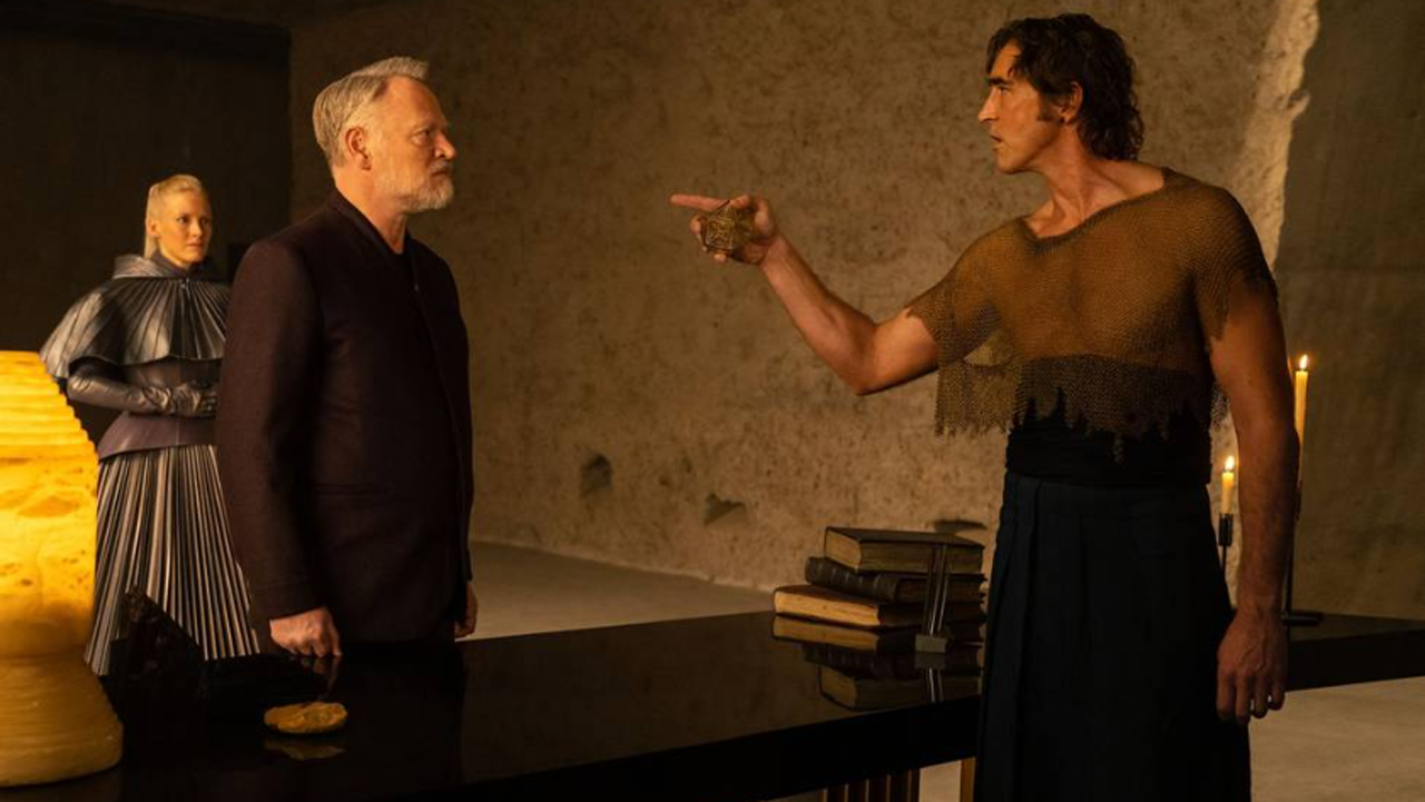 Lee Pace's Brother Day points at Jared Harris' Hari Seldon in Foundation season 2