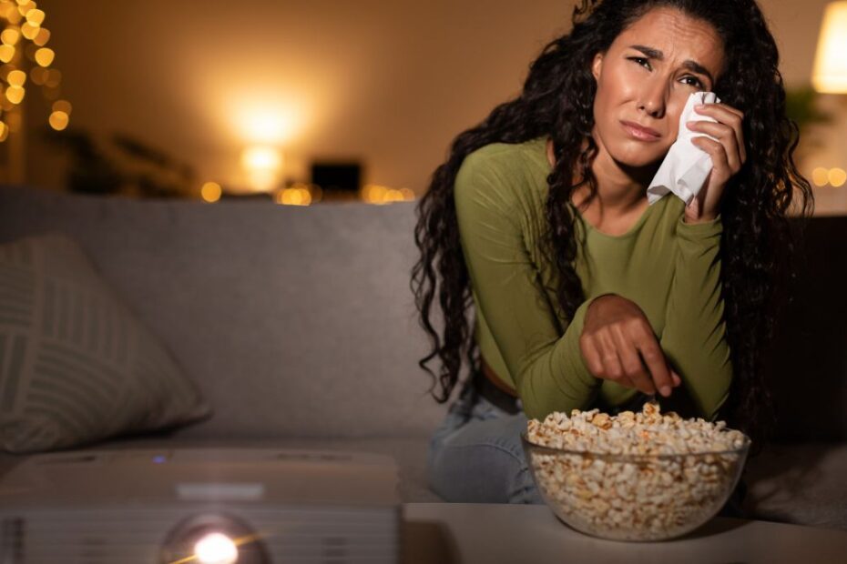 Woman Crying Watching Sad Movie On A Projector