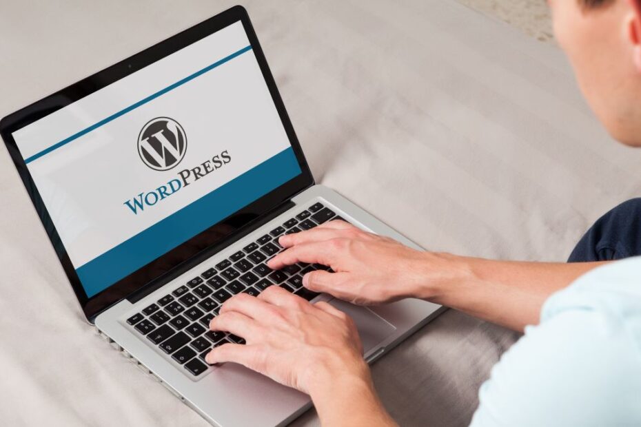 Wordpress brand logo on computer screen. Man typing on the keyboard.